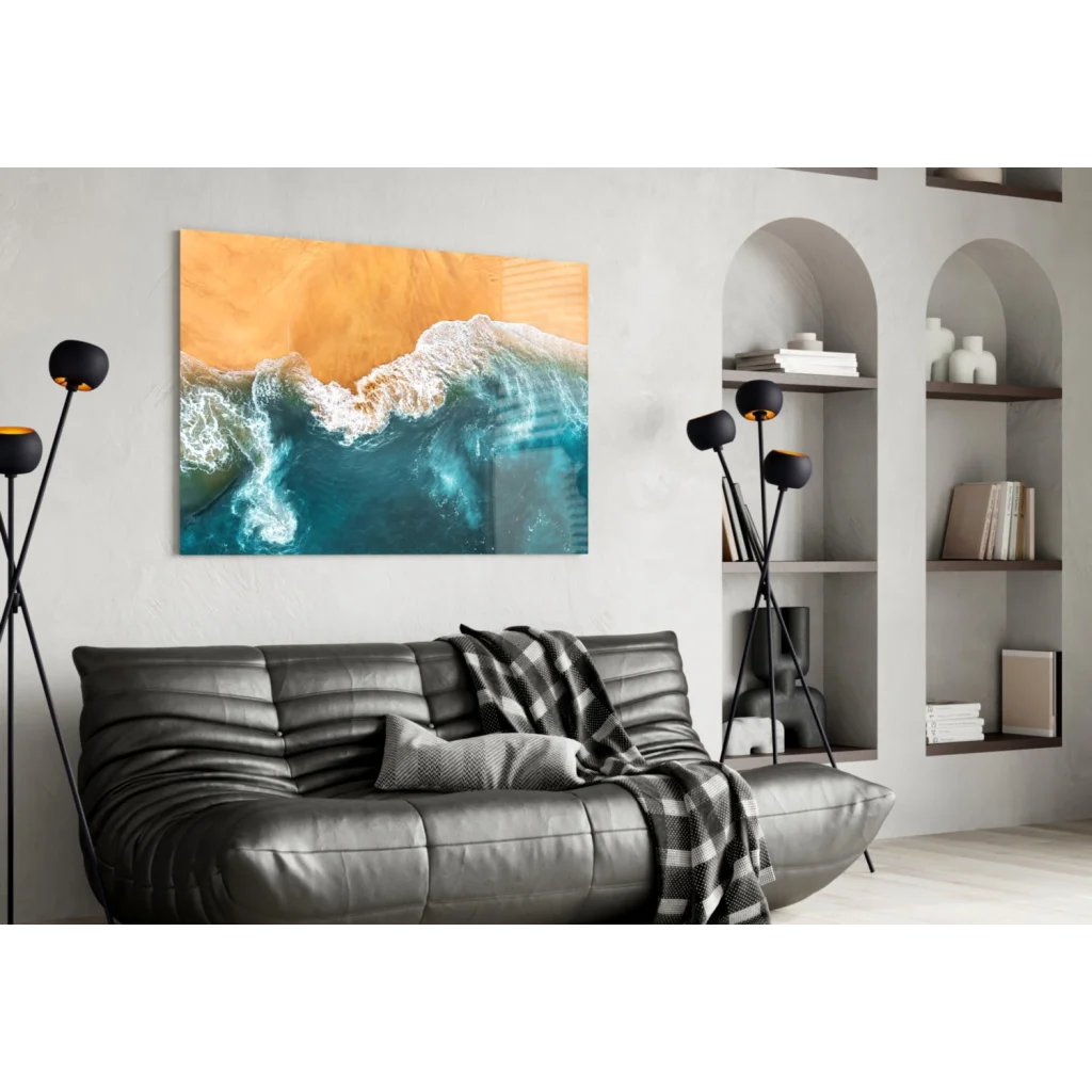 Turquoise waves glass wall art of crashing ocean on golden sand