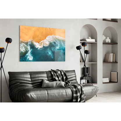 Turquoise waves glass wall art of crashing ocean on golden sand