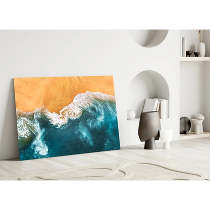 Vibrant turquoise waves glass wall art with aerial beach view crashing on golden sand