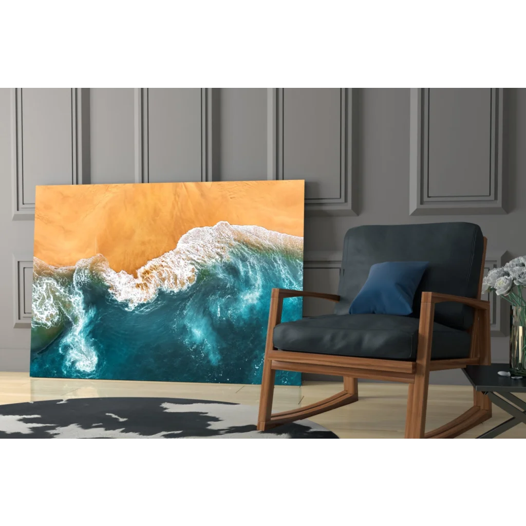 Turquoise waves glass wall art of crashing ocean on golden sand