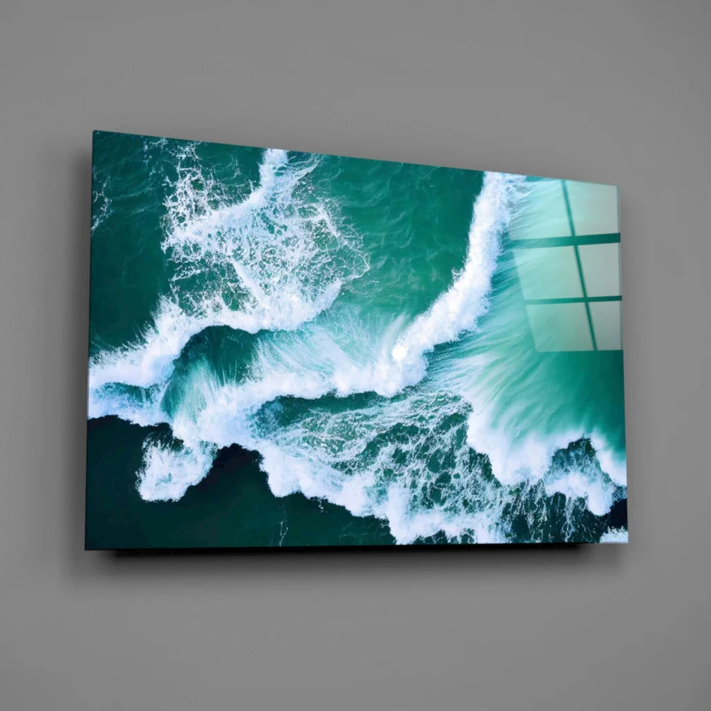 Vibrant teal ocean wave wall art canvas print on gray wall