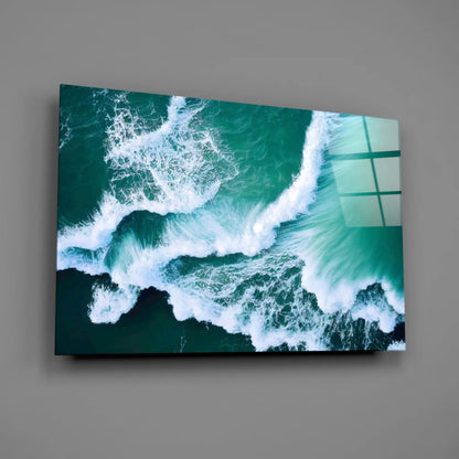 Vibrant teal ocean wave wall art canvas print on gray wall