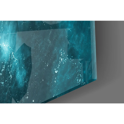 Translucent teal-blue faceted crystal in turquoise waves glass wall art print