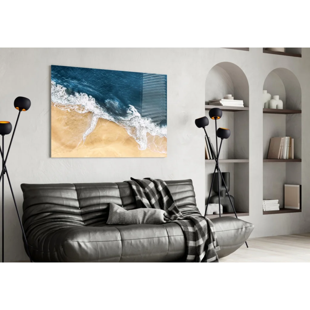 Ocean waves aerial view glass wall art print crashing on sand