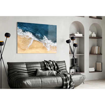 Ocean waves aerial view glass wall art print crashing on sand