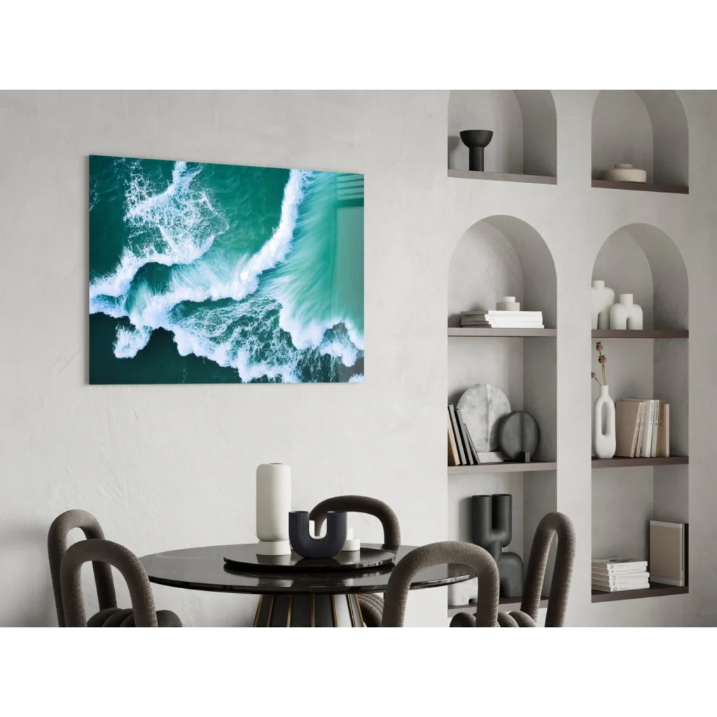 Vibrant teal ocean wave wall art canvas print on wall