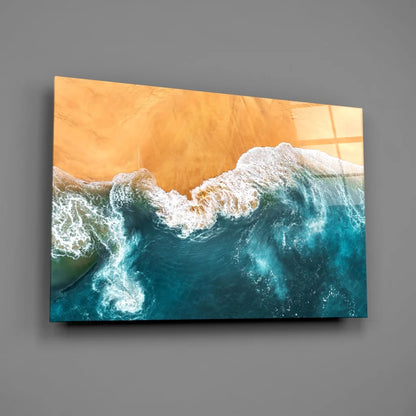 Vibrant turquoise waves glass wall art aerial beach view print