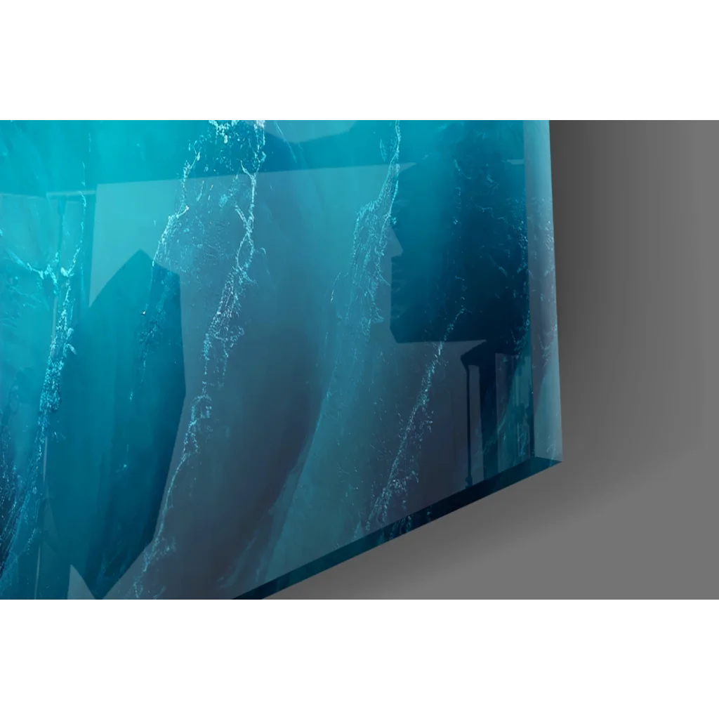 Sleek curved teal TV screen with ocean wave wall art patterns