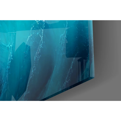 Sleek curved teal TV screen with ocean wave wall art patterns