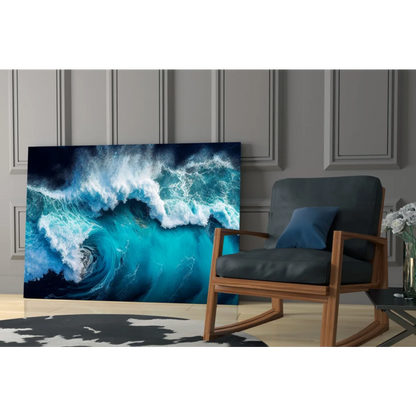 Stunning turquoise ocean wave wall art canvas print with vibrant blue foam