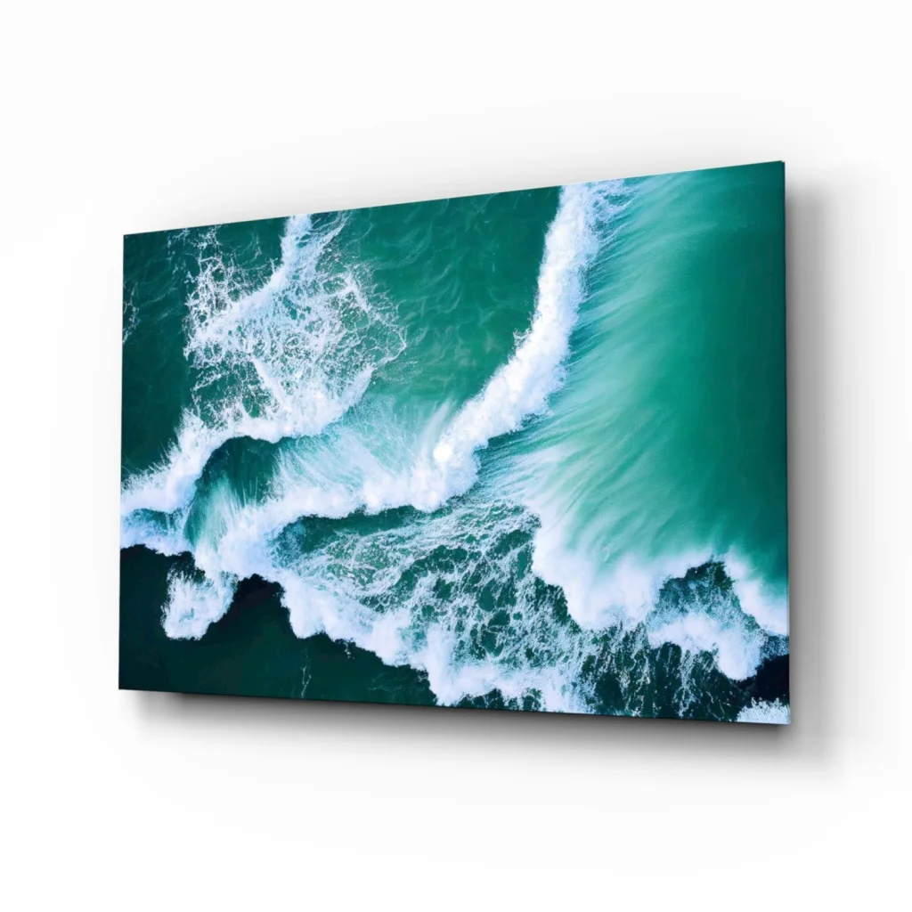 Dynamic teal ocean waves crashing on canvas wall art print