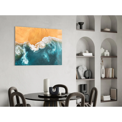 Vibrant turquoise waves glass wall art: aerial beach view print