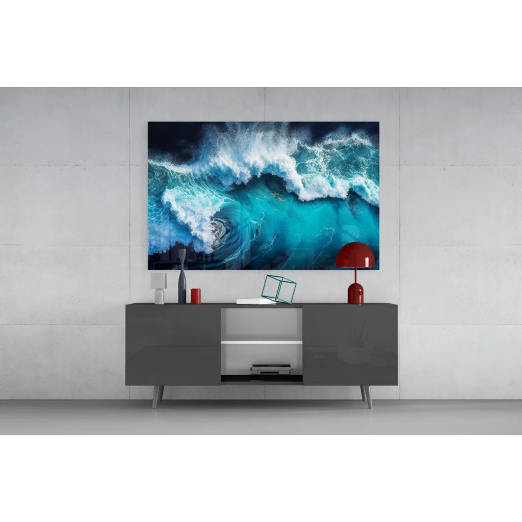 Stunning turquoise ocean wave canvas wall art print with curling surf