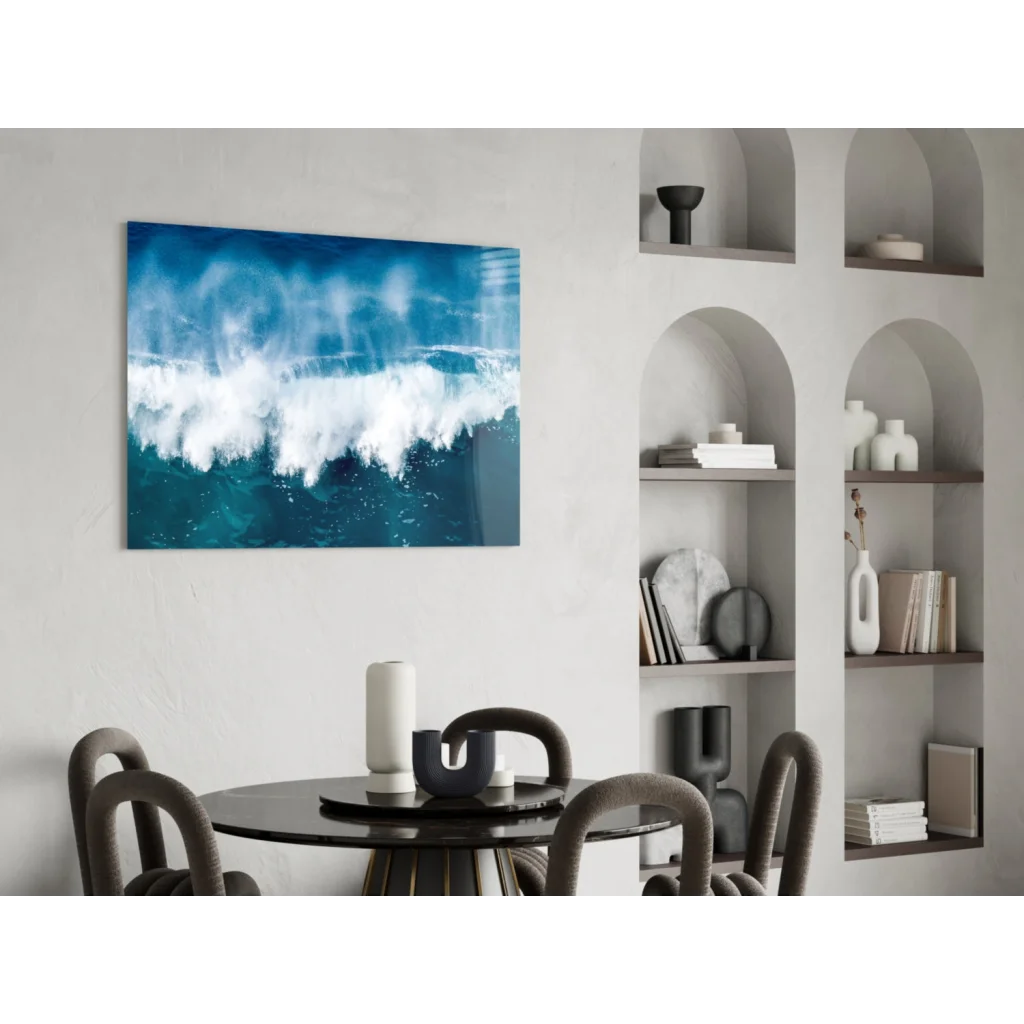 Stunning blue wave glass wall art with dynamic ocean foam