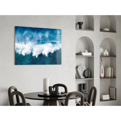 Stunning blue wave glass wall art with dynamic ocean foam