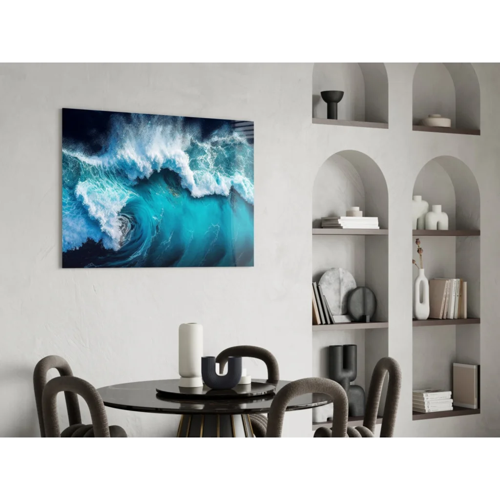 Vibrant turquoise ocean wave canvas wall art print on minimalist wall