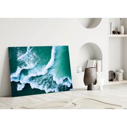 Stunning teal ocean wave wall art canvas print on white wall