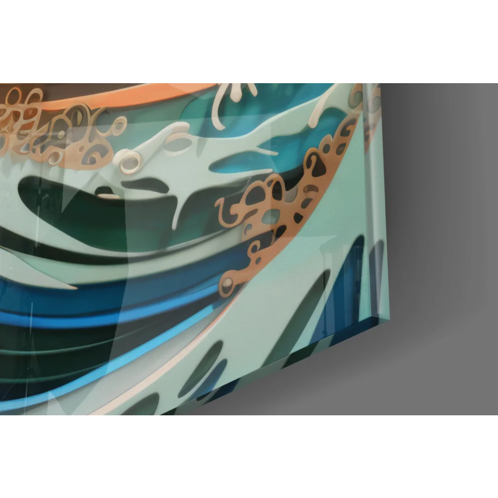 Teal and gold ocean wave glass wall art with layered teal blue waves and orange white cutouts