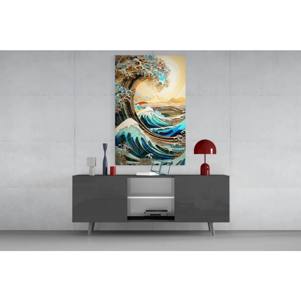 Stylized Great Wave off Kanagawa teal gold ocean wall art canvas print