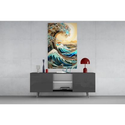 Stylized Great Wave off Kanagawa teal gold ocean wall art canvas print