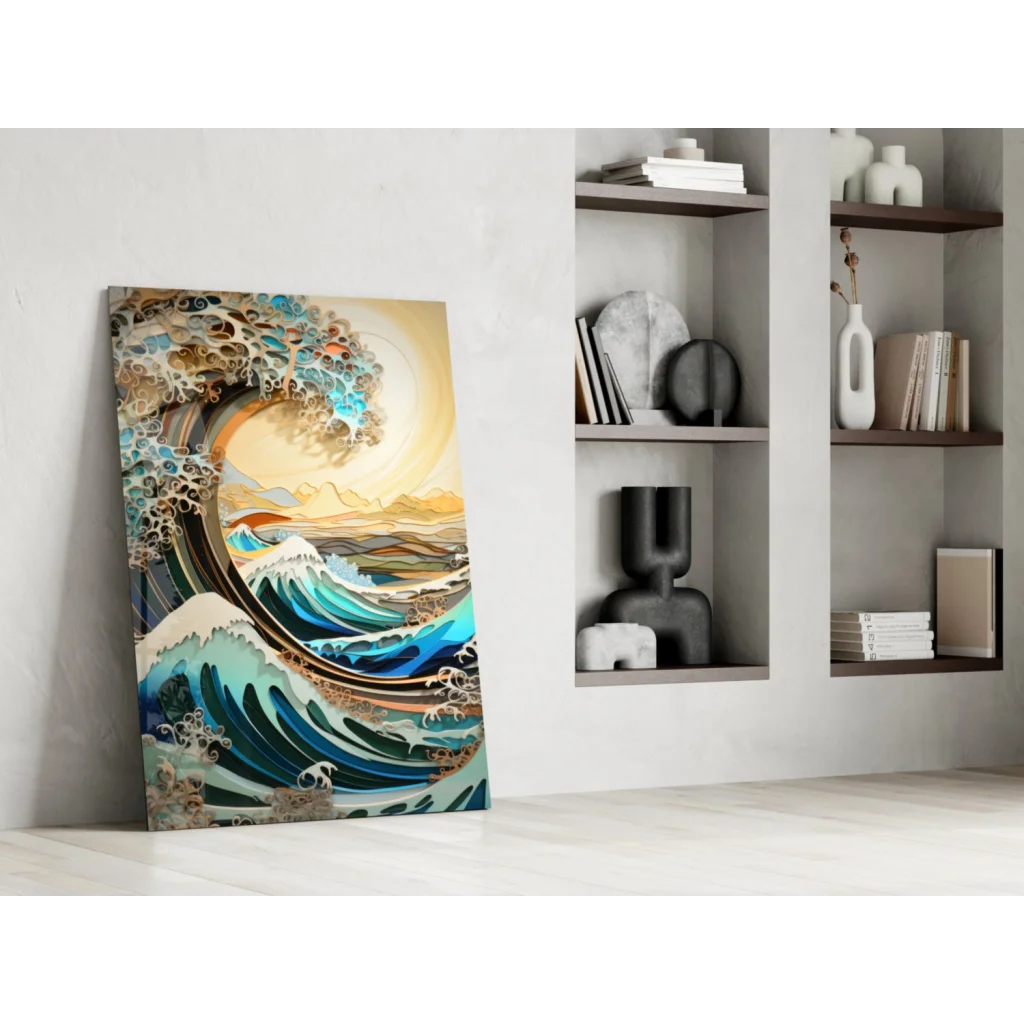 Vibrant teal and gold ocean wave wall art canvas print inspired by Hokusai