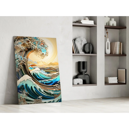 Vibrant teal and gold ocean wave wall art canvas print inspired by Hokusai