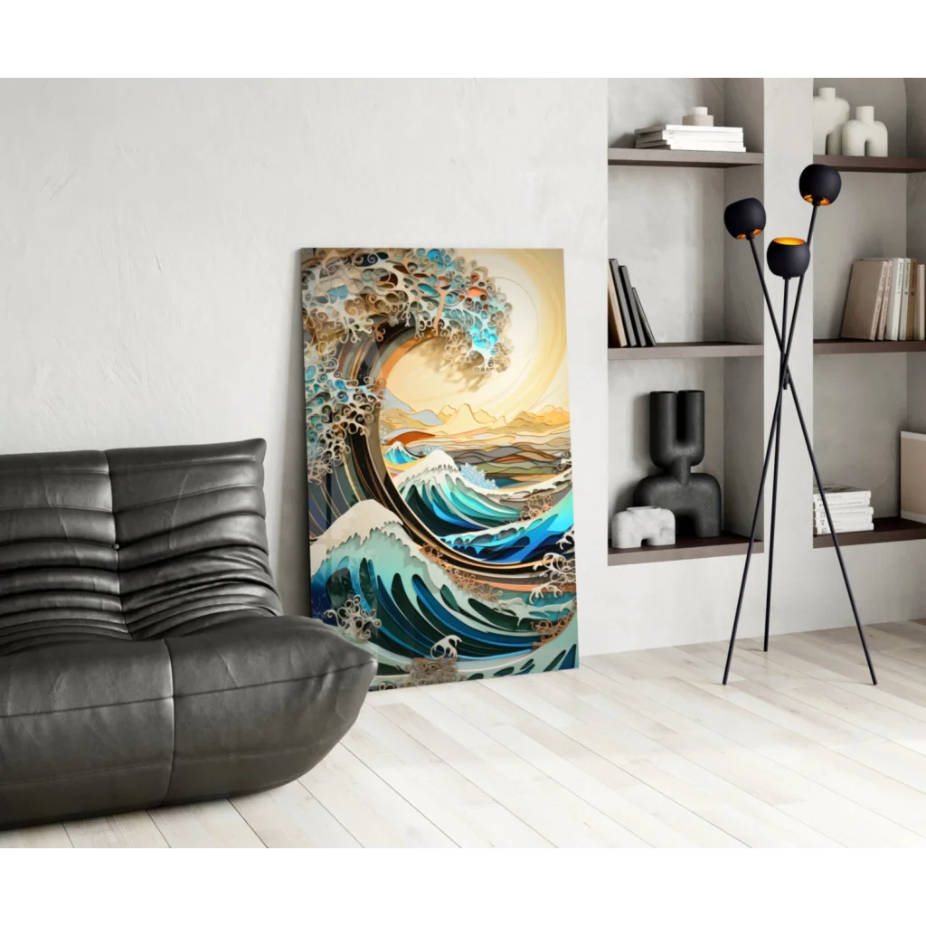 Vibrant teal and gold ocean wave canvas wall art print