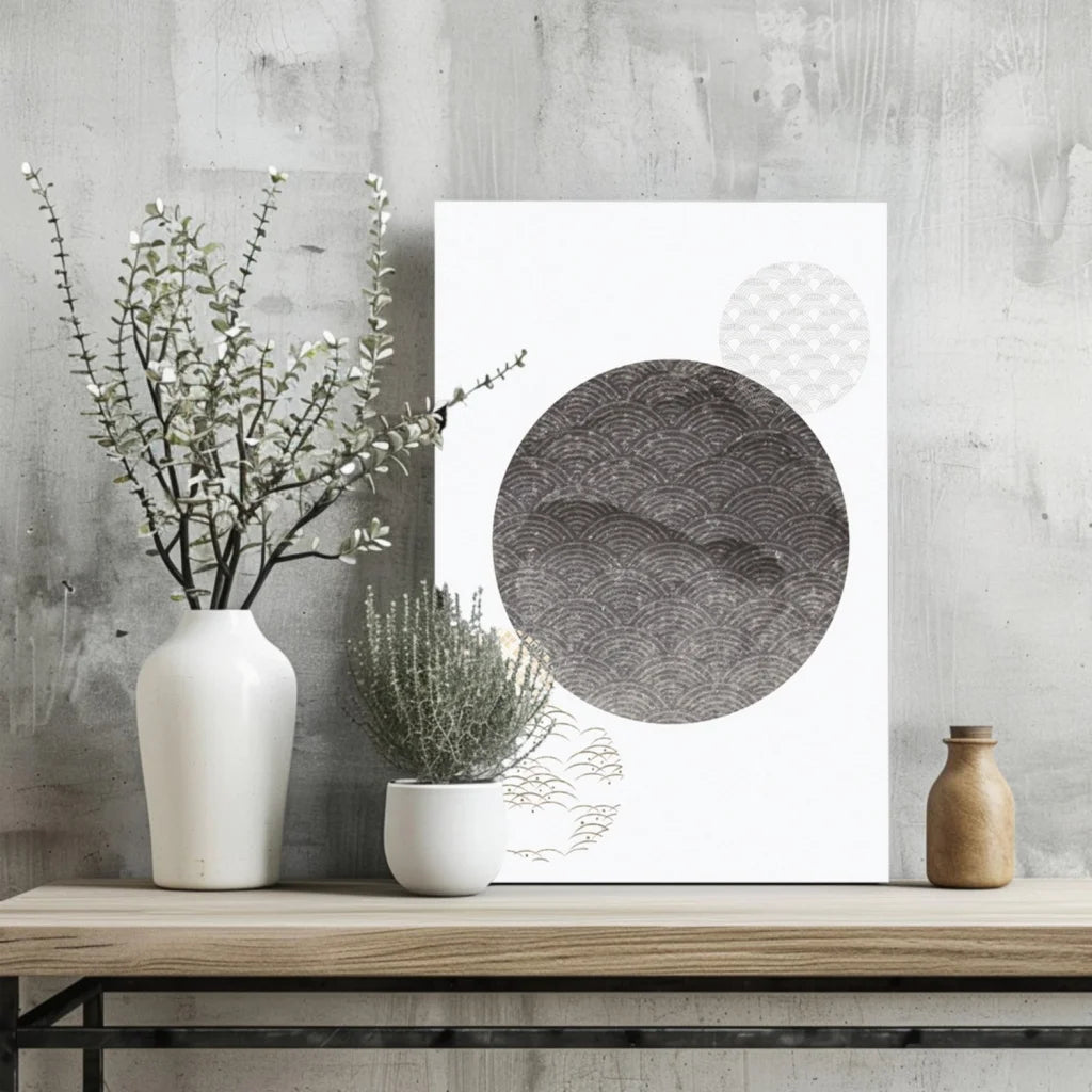 Minimalist Waves of Zen aluminum print with gray wave circle on white