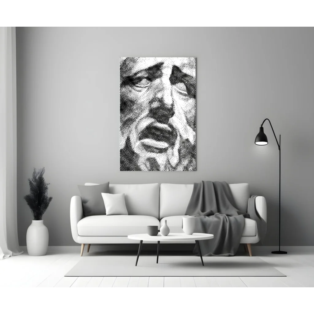 Black and white wavy line portrait wall art above minimalist sofa