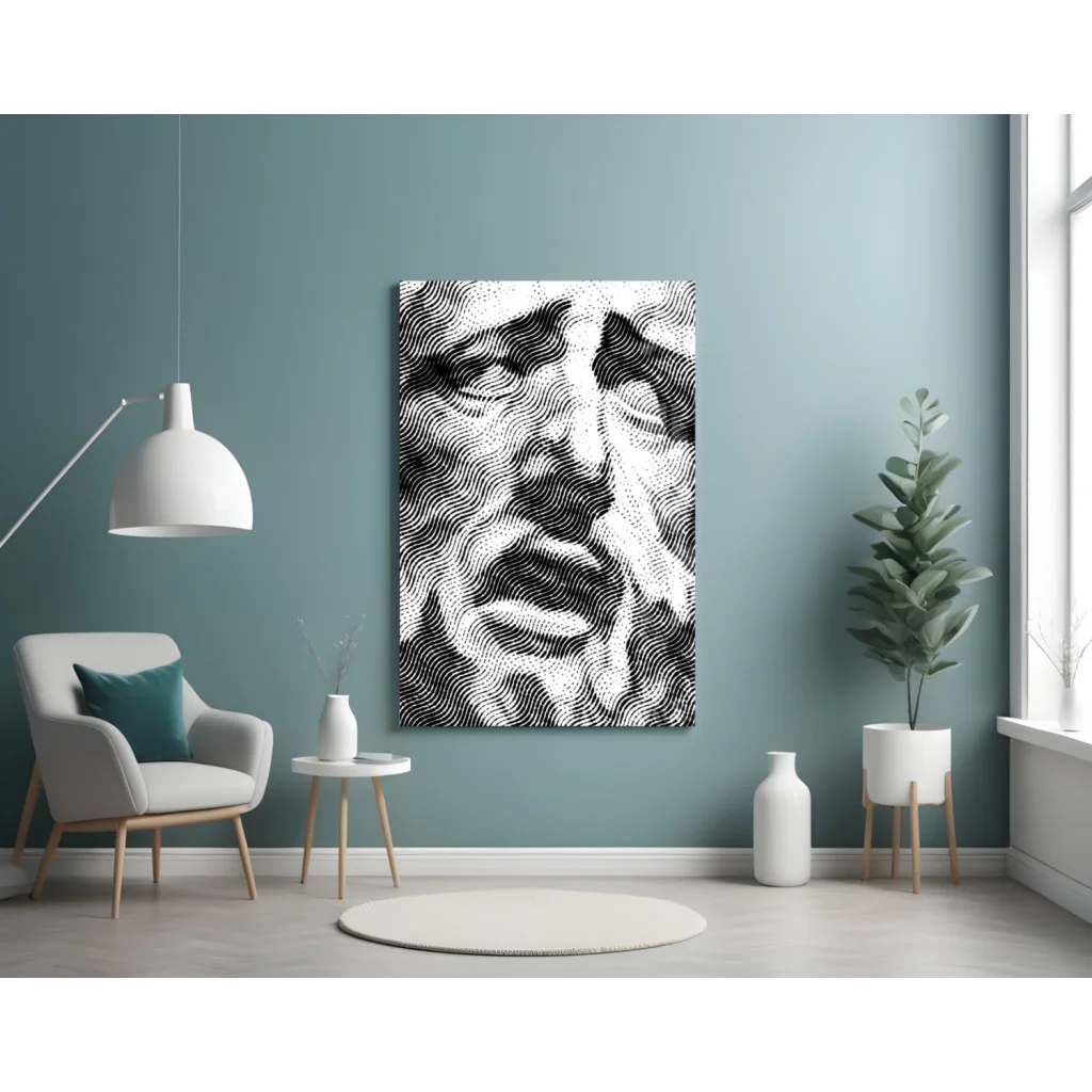 Black and white wavy line portrait wall art with stylized face
