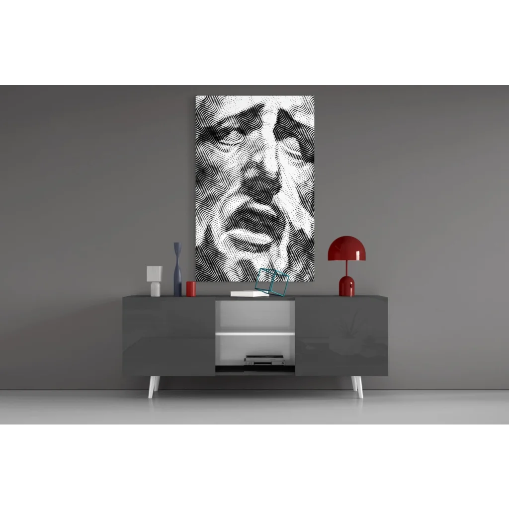 Black and white wavy line portrait wall art above gray console