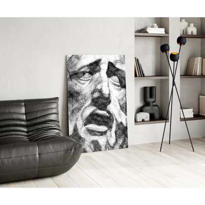 Black and white wavy line portrait wall art with stippled human face