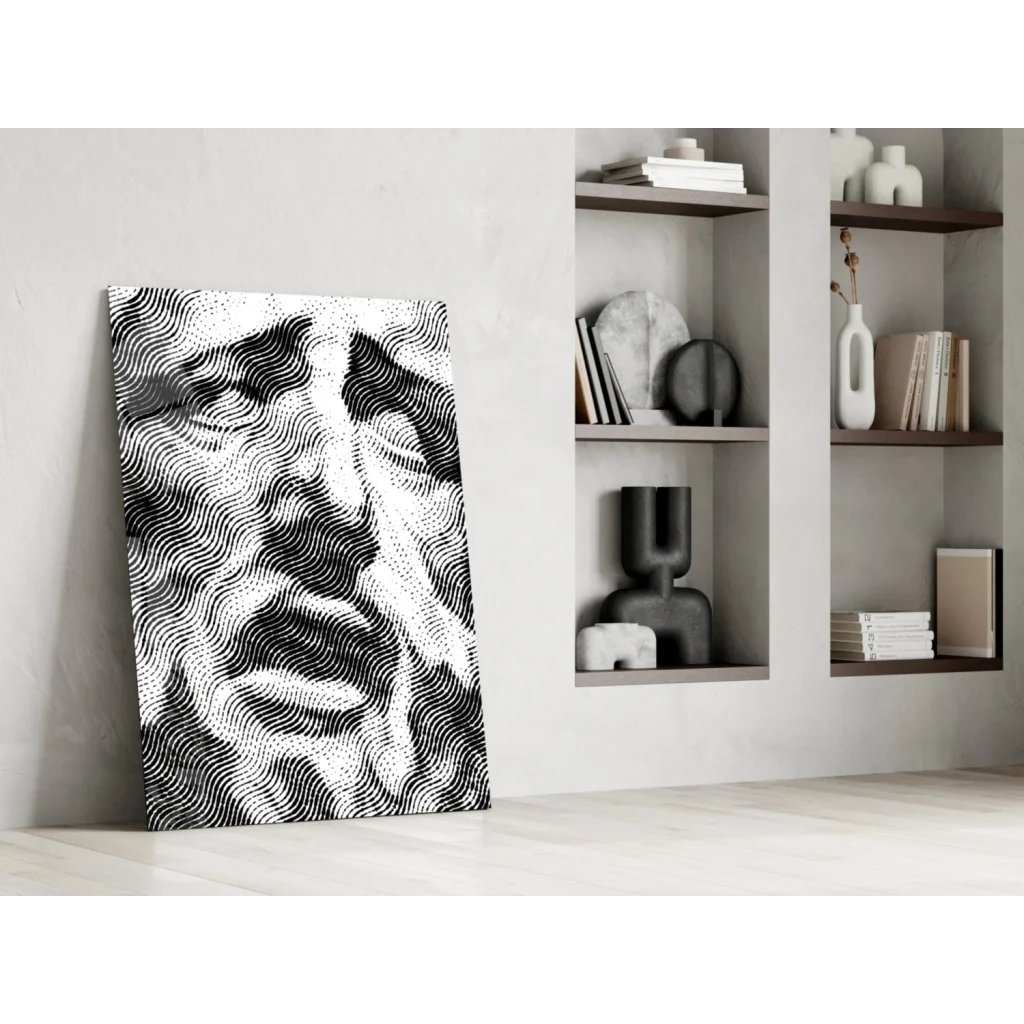 Black and white wavy line portrait wall art leaning on wall