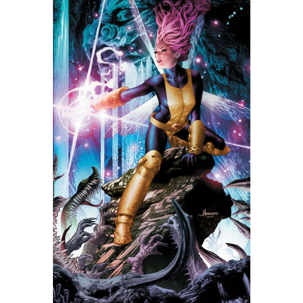 Female comic character with pink hair, gold and blue costume holding glowing orb in Marvel Comics cover
