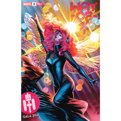Comic book cover of a red-haired winged mutant hero in a dark blue outfit from WAY OF X #3 GALA