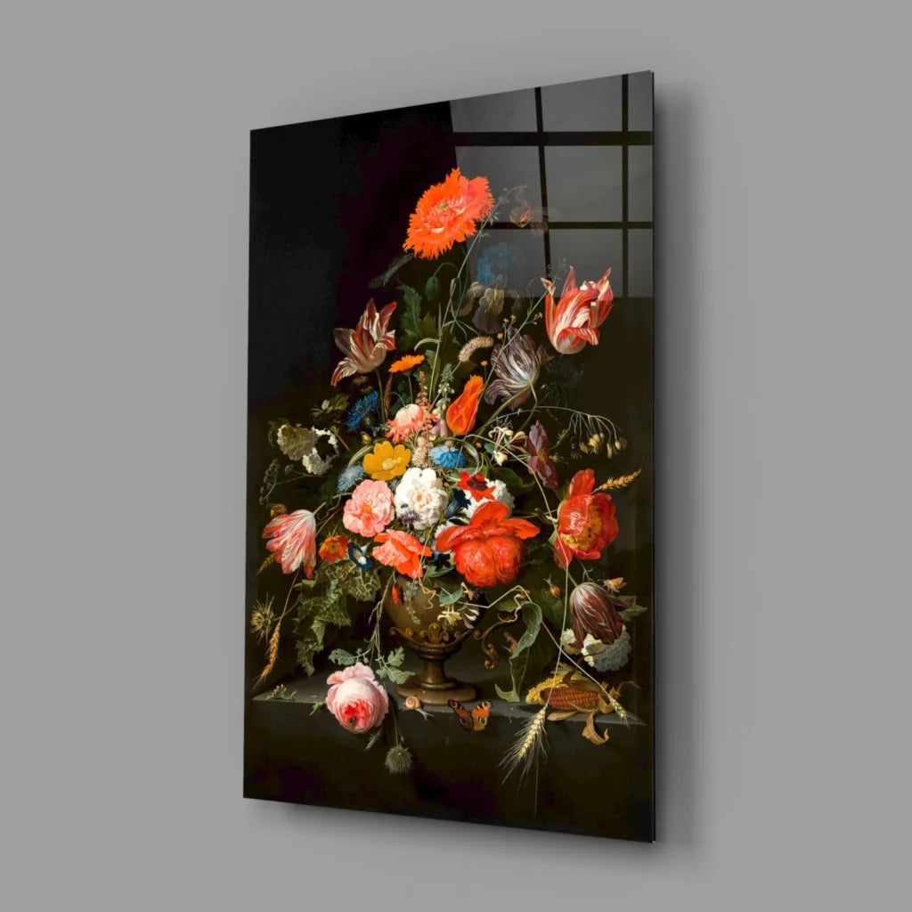Vibrant floral still life on sleek black glass wall art with golden vase