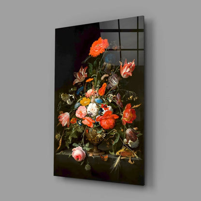 Vibrant floral still life on sleek black glass wall art with golden vase