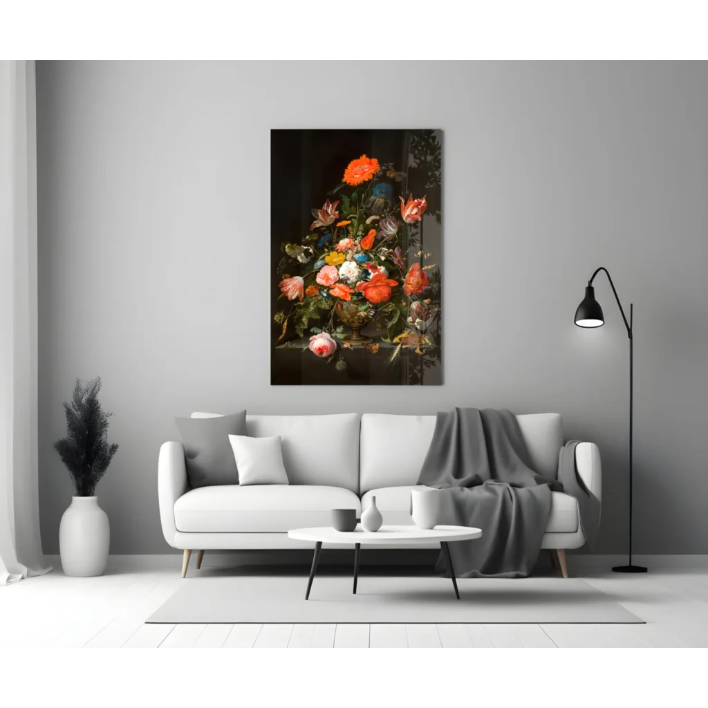 Vibrant floral glass wall art in golden vase design with dark frame
