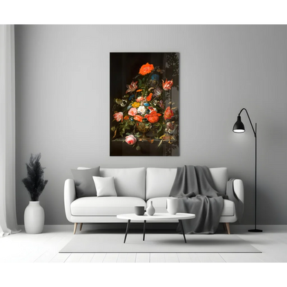 Vibrant floral glass wall art in golden vase design with dark frame