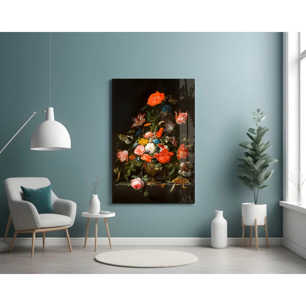 Vibrant floral glass wall art with bold orange pink blossoms in golden vase