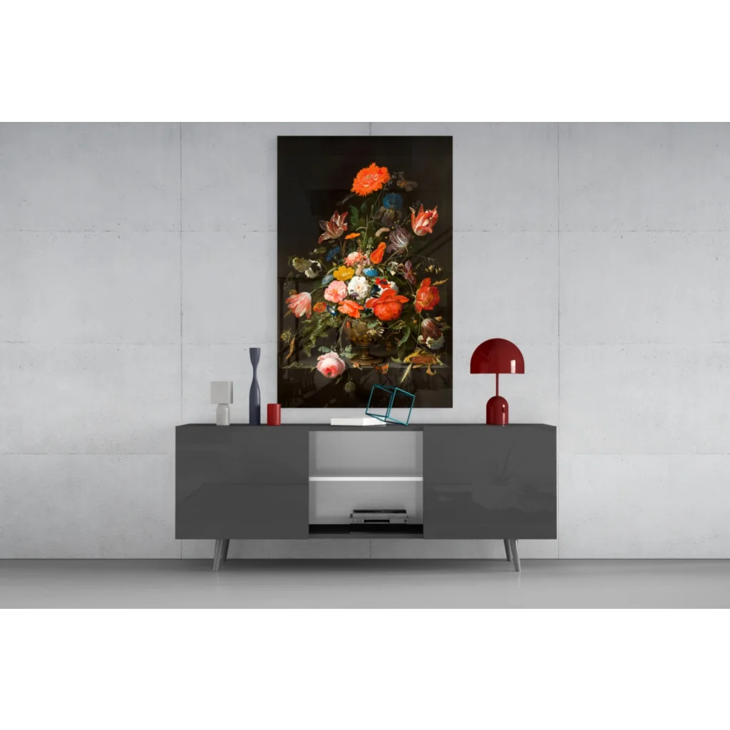 Vibrant floral glass wall art with golden vase, rich reds and pinks on black