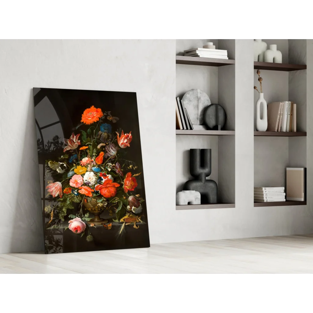 Vibrant floral glass wall art with golden vase on glossy black canvas