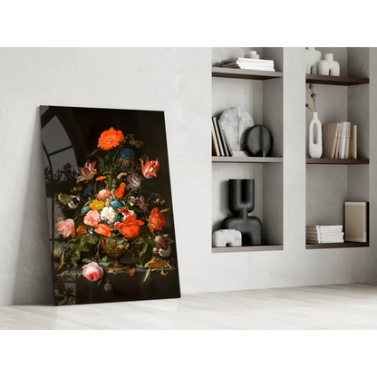 Vibrant floral glass wall art with golden vase on glossy black canvas