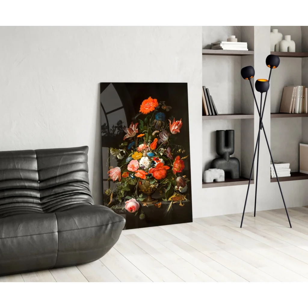 Vibrant floral glass wall art with orange pink blossoms and golden vase on black canvas