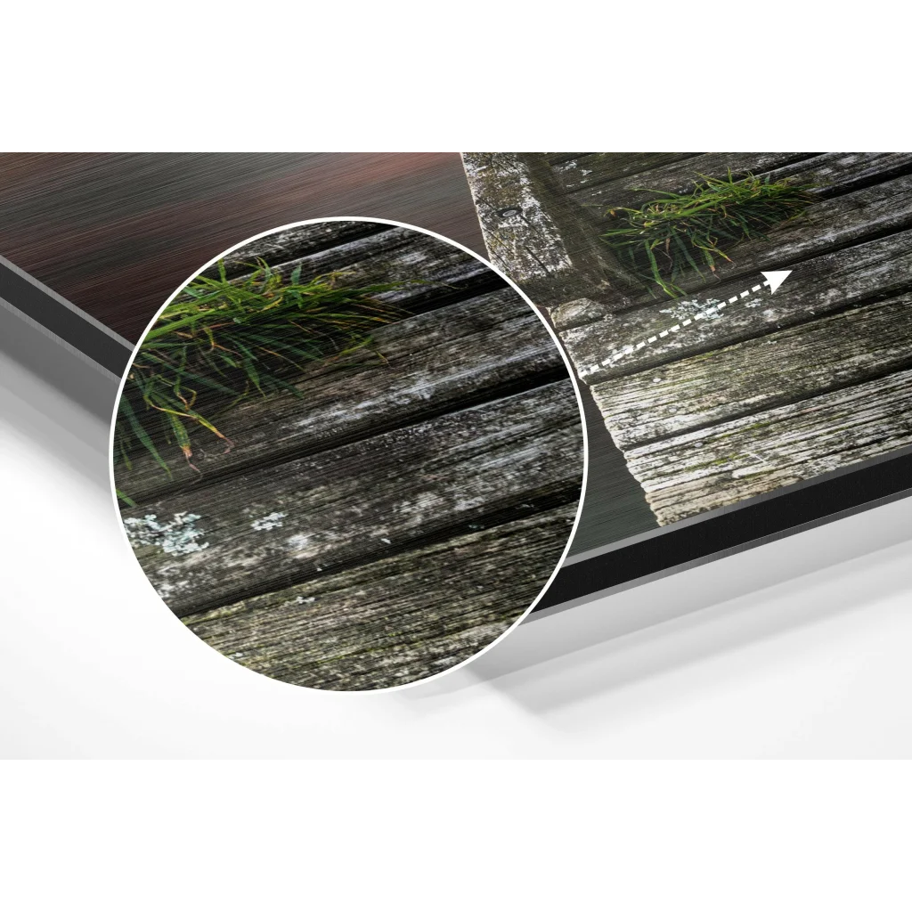 Weathered dock planks with moss and grass on brushed aluminium dibond