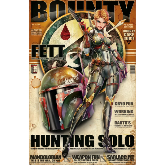 Weathered Mandalorian helmet art on brushed aluminum print