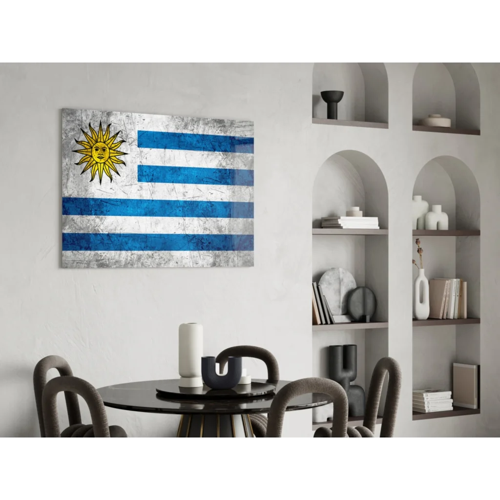 Weathered Uruguay flag canvas wall art with vintage texture and sun