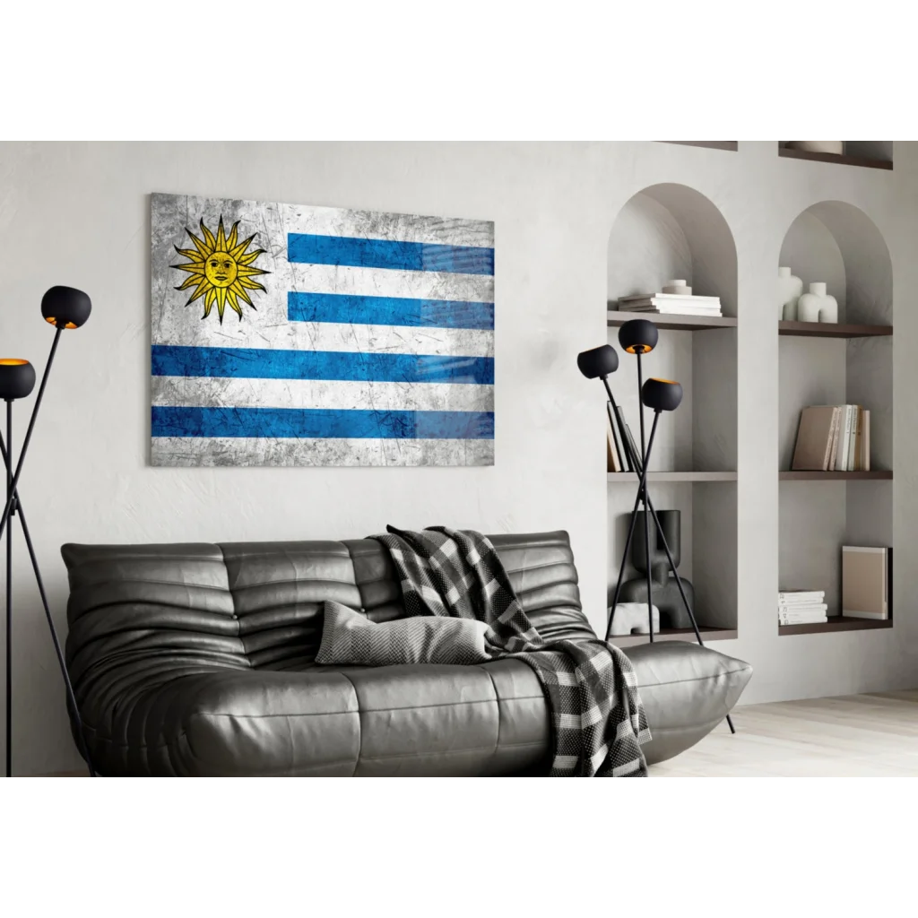 Weathered Uruguay flag canvas wall art with vintage texture and sun