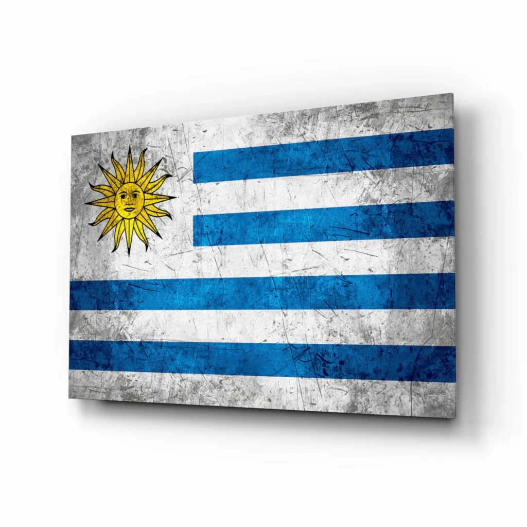 Weathered Uruguay flag canvas wall art with blue stripes and sun emblem