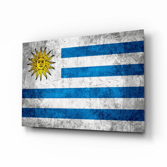 Weathered Uruguay flag canvas wall art with blue stripes and sun emblem